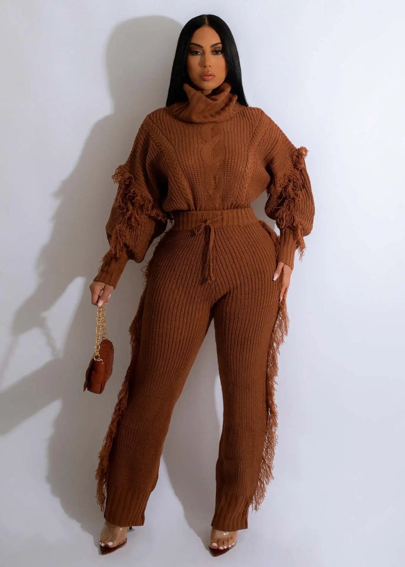 Tassel Sleeve Turtleneck Pullover & Side Tassel Pants Tracksuit Women's Knit Sweater Set  Milanni Fashion   