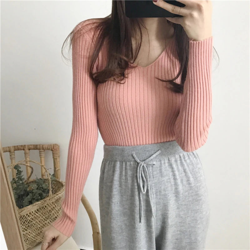 V-Neck Knitted Sweater Slim Fit Winter Pullover Top for Women Stylish and Cozy Casual Wear Milanni Fashion