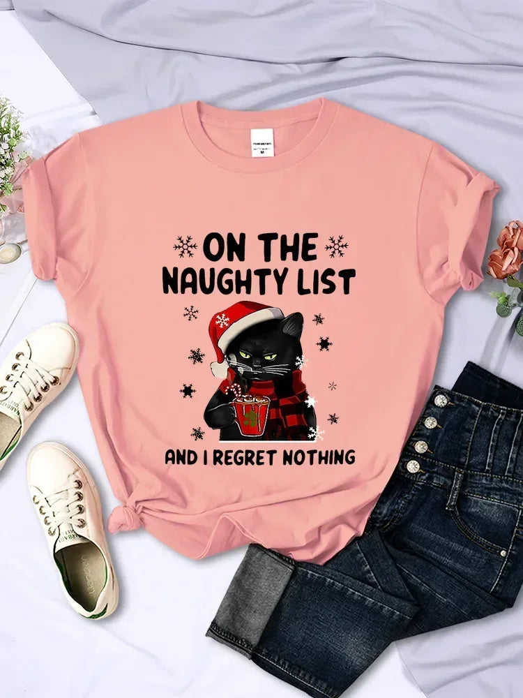 Christmas T-Shirt Santa Cat on the Naughty List & I Regret Nothing Fashion Top for Holiday Fun Milanni Fashion Pink M