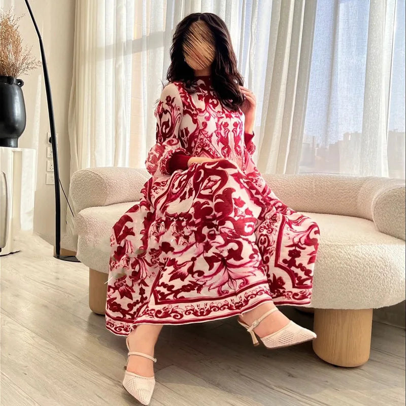 Pleated Dress Fashion Temperament Lantern Sleeve Loose Plus Size Big Hem Long Fall Dress for Women Milanni Fashion