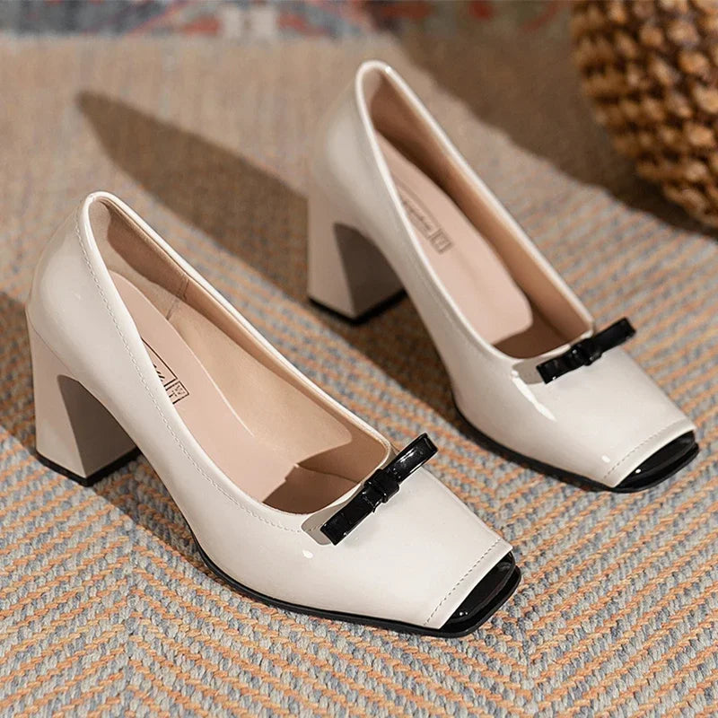 Square Toe High Heels Bow Leather Chunky Loafers Luxury Pumps Stylish Elegant Shoes for Women Milanni Fashion Beige 39