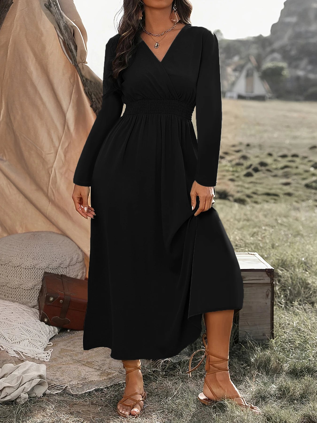 Cross-border Plus Size Autumn New Fashion V-neck Tunic Long Sleeve Dress Midi Dress Milanni Fashion black 5XL 