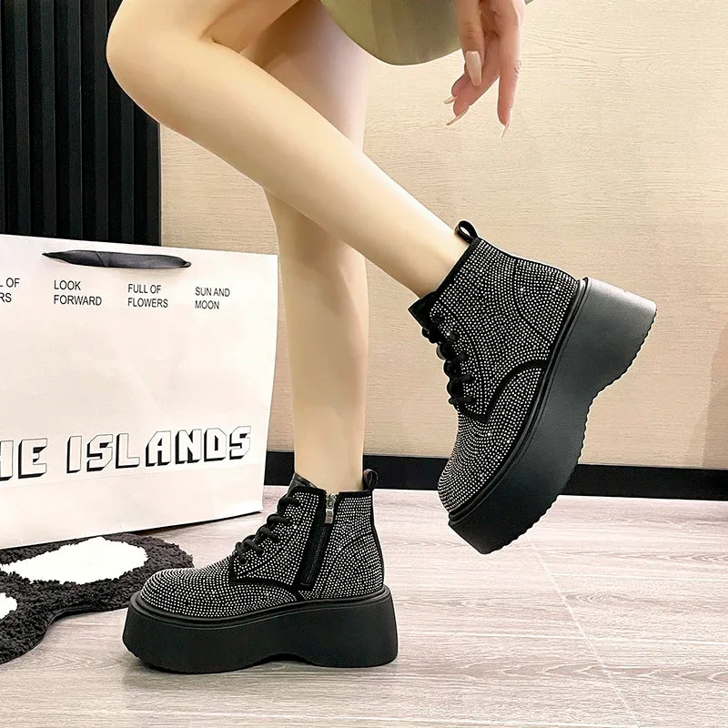 Lace up Casual Sports Shoes Full Diamond Thick Bottom Luxury Women's Boots  Milanni Fashion   