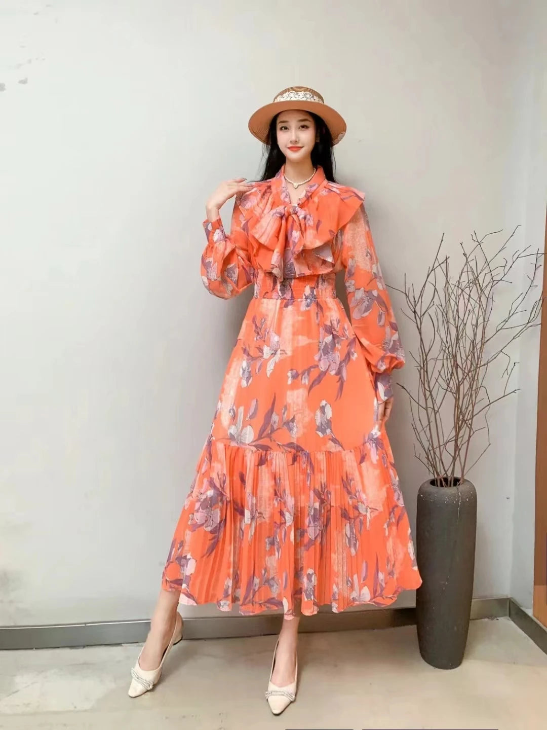 Fall 2024 Bohemian Beach Dress Chiffon Tie Bow Patch Ruffles Lace Pressed Pleated Print Large Swing Maxi Dress  Milanni Fashion Picture color 1 L CHINA