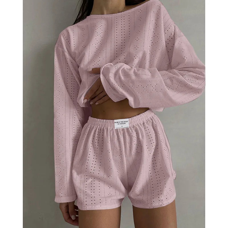 Cozy Long Sleeve Top and Shorts Two-Piece Set Relaxed Round Neck Sleepwear Comfortable Home Wear Milanni Fashion Pink 2XL