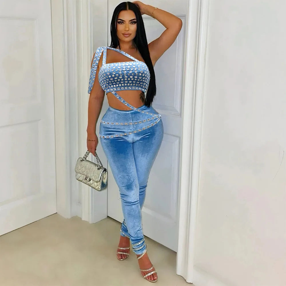 Rhinestone Velvet Two-Piece Pant Set Elegant Bodycon Crop Top Luxury Fall Outfit Sexy Stylish Look Milanni Fashion Blue S