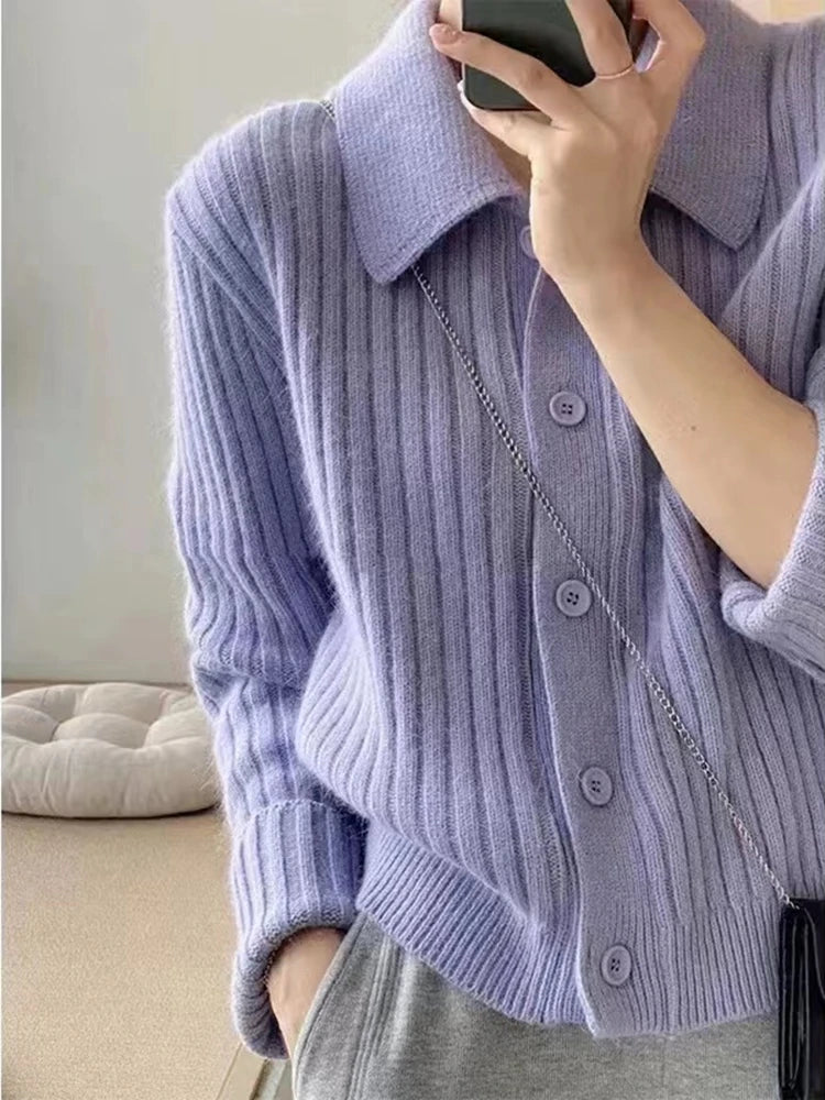 Autumn and Winter New Cashmere Sweater Women's Clothing Long Sleeved Top 100% Wool POLO Collar Knitted Cardigan  Milanni Fashion Lavender S 