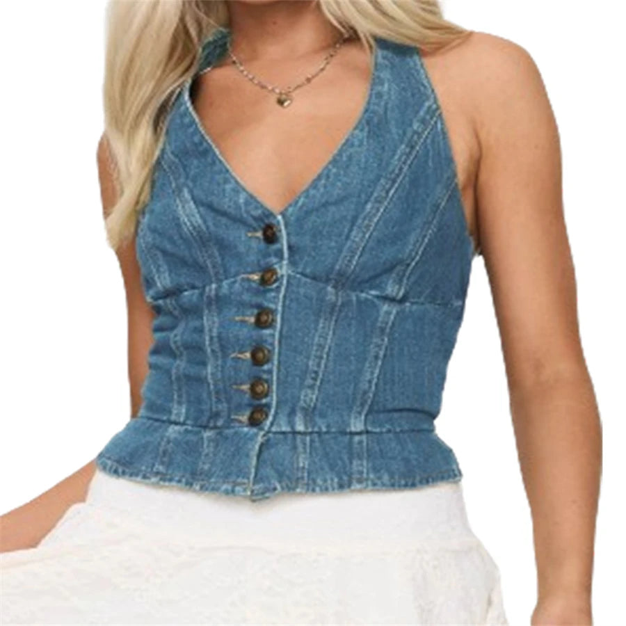 Halter Neck Denim Vest Sleeveless V-Neck Button Up Jean Waistcoat Cropped Tank Top for Women Milanni Fashion