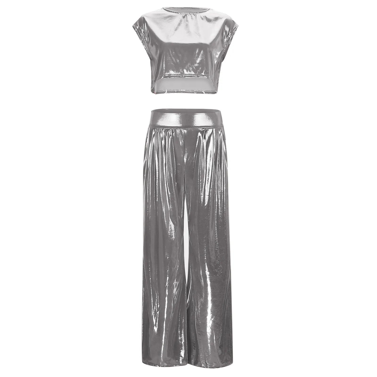 Women's Glossy 2-Piece Set Sleeveless Crop Vest & Wide-Leg Pants Casual Outfit Milanni Fashion