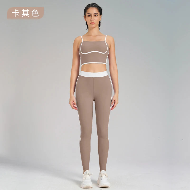 Women Patchwork Sport Yoga Suit Breathable Sportwear Set Workout Clothes  Milanni Fashion Khaki set M 