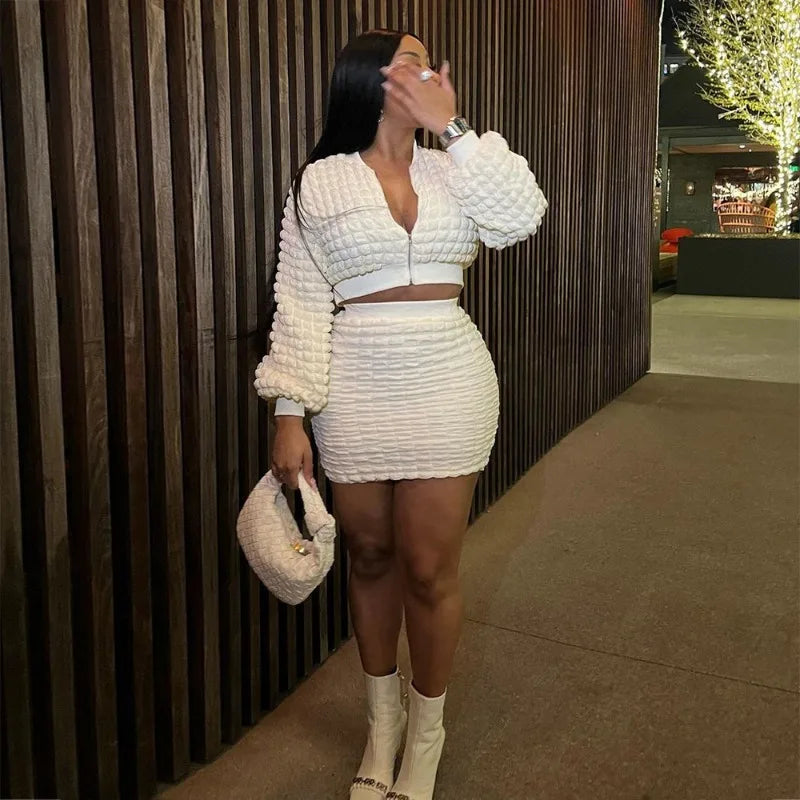 White Long Sleeve Zipper Jacket Crop Top and High-Waist Mini Skirt Two Piece Dress Set for Women Milanni Fashion