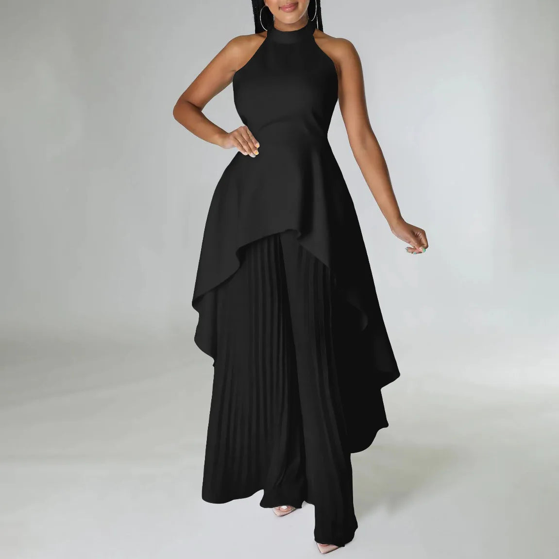 Elegant Tow Piece Women Outfit Backless Top Hundred Pleated Wide Leg Pant Trouser Suit  Milanni Fashion   