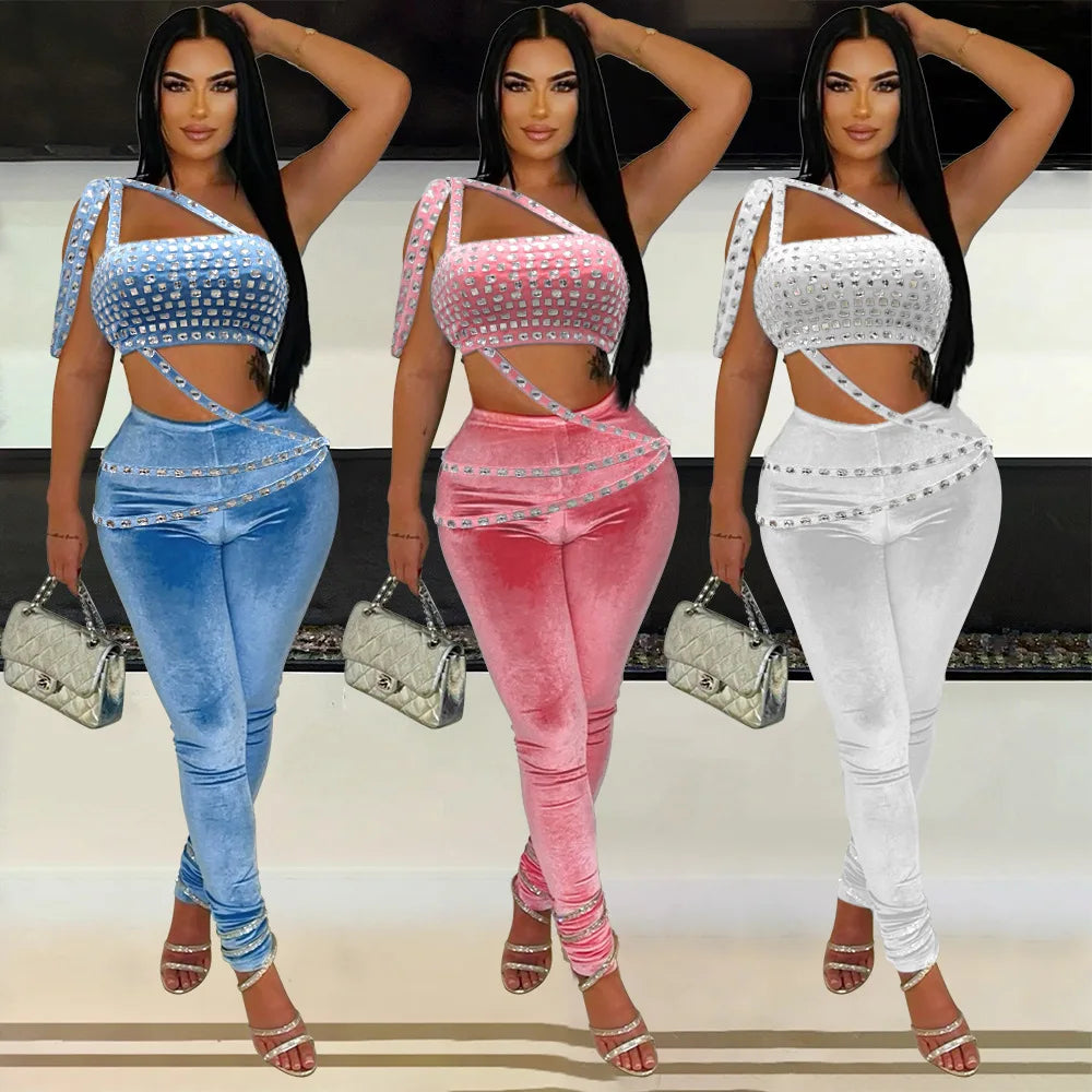 Rhinestone Velvet Two-Piece Pant Set Elegant Bodycon Crop Top Luxury Fall Outfit Sexy Stylish Look Milanni Fashion