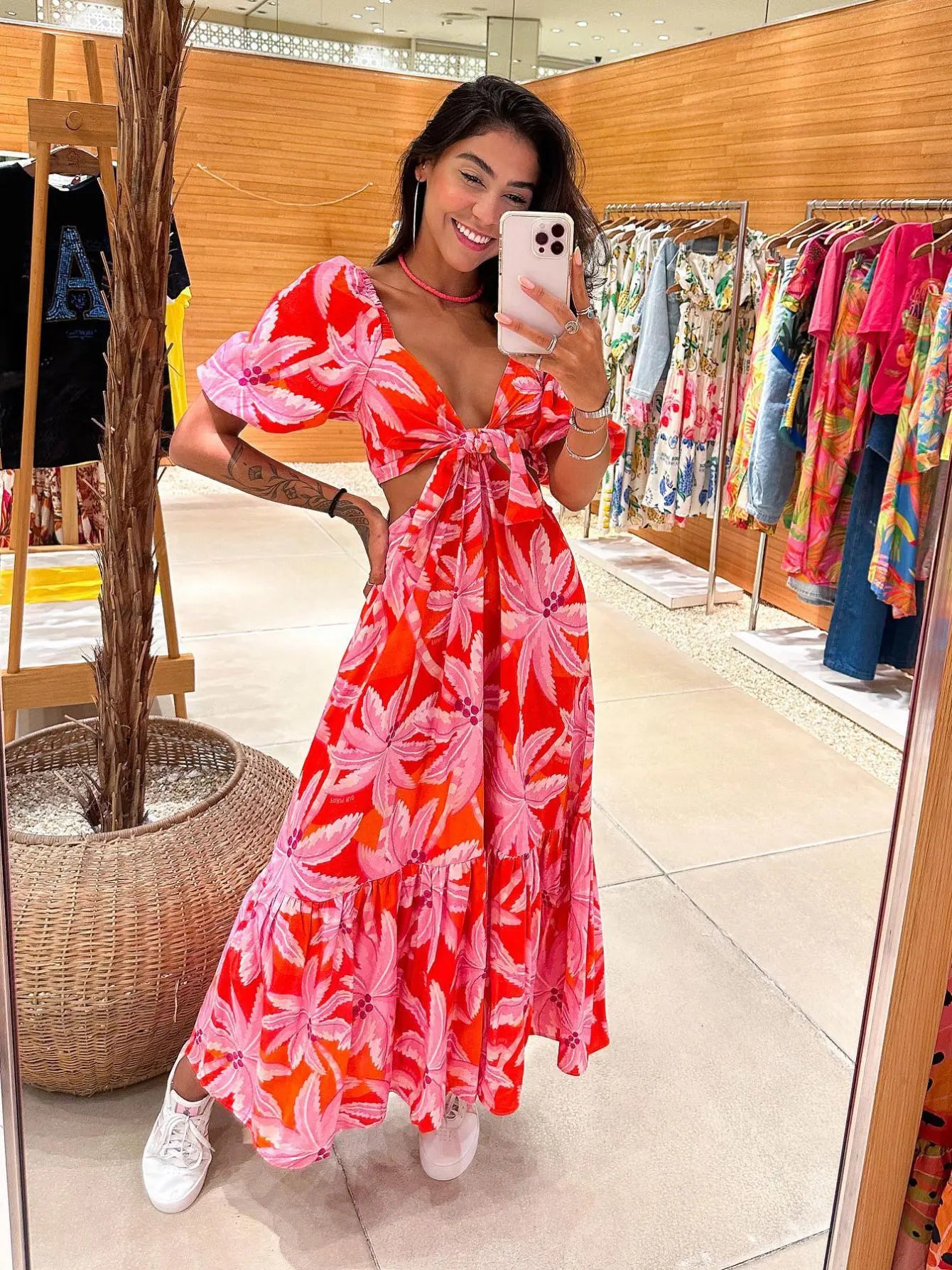 Elegant Print Cutout Short Puff Sleeve Long Dress Bodycon Evening Party Clothing Midi Dress Milanni Fashion PI24537R1 S 