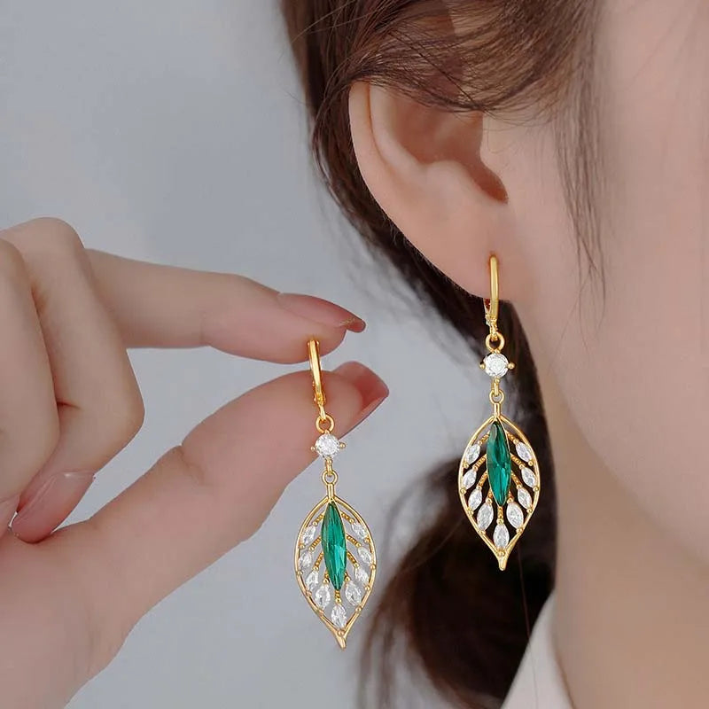 Elegant Green Crystal Leaf Tassel Earrings Cubic Zircon Wedding Jewelry Gift for Women Milanni Fashion