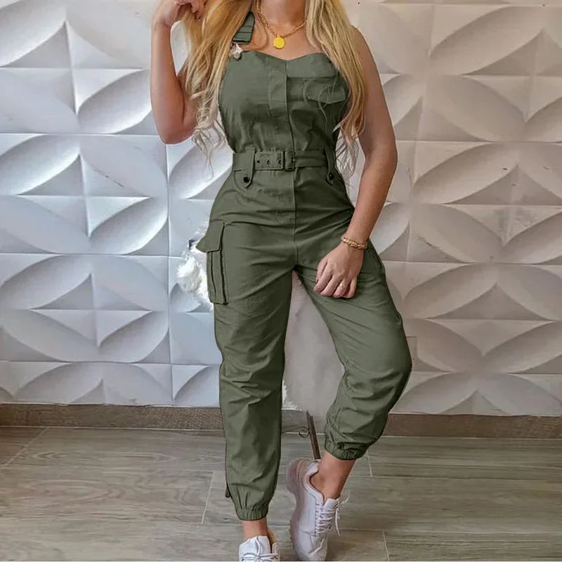 Fashion Simplicity Solid Jumpsuit Elegant Workwear Sleeveless Straps Pants Casual Skinny High Waist Jumpsuit  Milanni Fashion green XL 