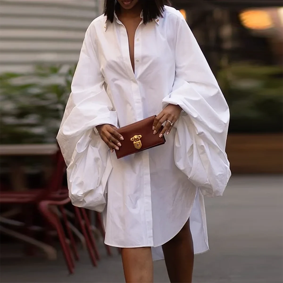 Fashion White Statement Puff Sleeves Loose Pleated Split Side Solid Color Lapel Collar Midi Dress Women Milanni Fashion