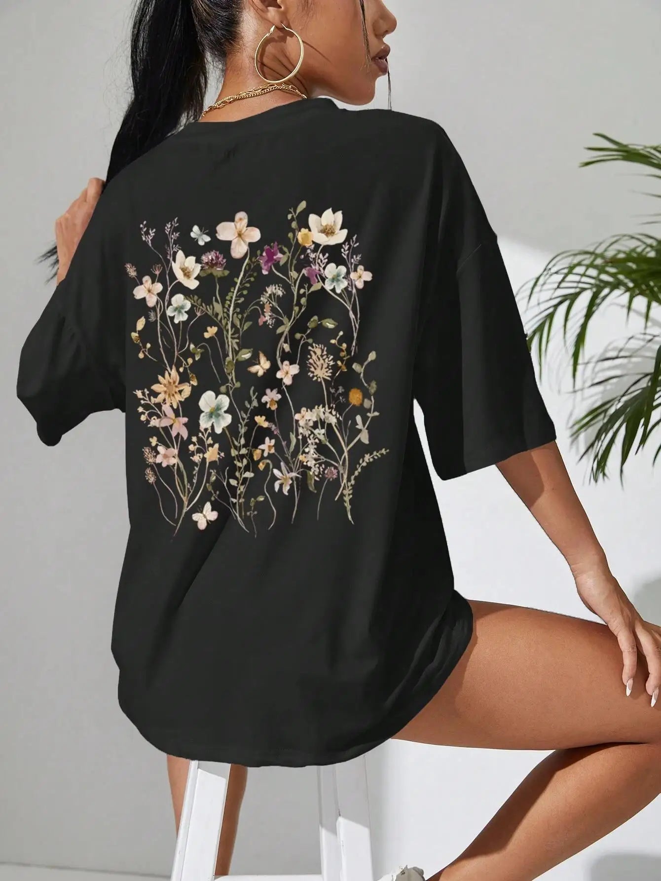 Flower Clusters Print Cotton Women T-Shirt Stylish and Comfortable Casual Tee for Everyday Wear Milanni Fashion Black XXL