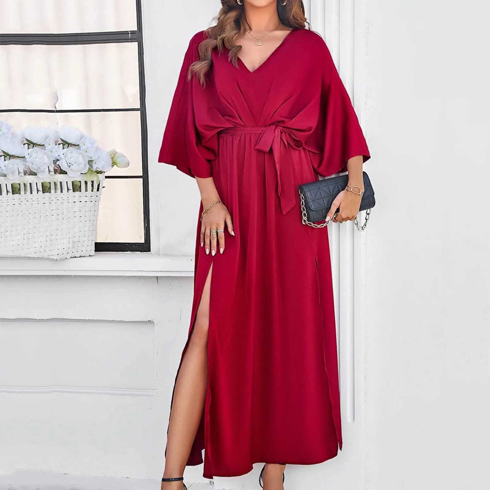 Temperament Women's Solid Color Slim Long Dress V Neck Half Sleeve Split Dress Maxi Dress Milanni Fashion   