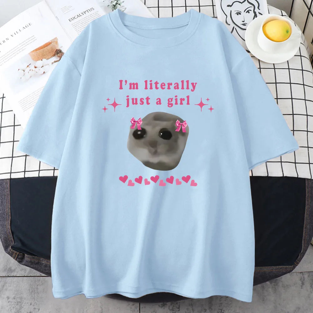 Sad Hamster T-Shirt I'm Just A Girl Letter Printing Cotton Tee for Women Casual Fun Graphic Top Milanni Fashion Blue S