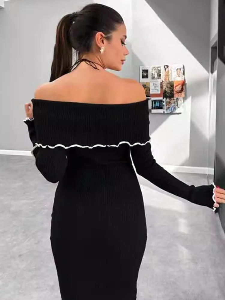 Fall Winter Sexy One-Shoulder Long Knit Dress Slim Elegant Fungus Splice Contrast Color Sweater Dress  Milanni Fashion   