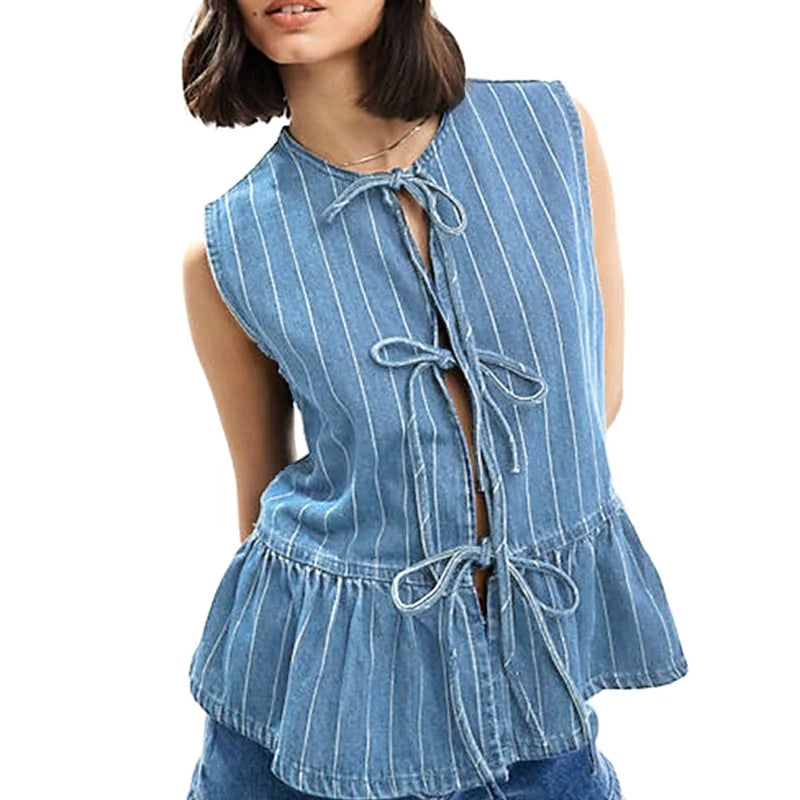 Striped Round Neck Tie Front Sleeveless Ruffle Hem Top Women Casual Fashionable Jeans Blouse Summer Outfit Milanni Fashion