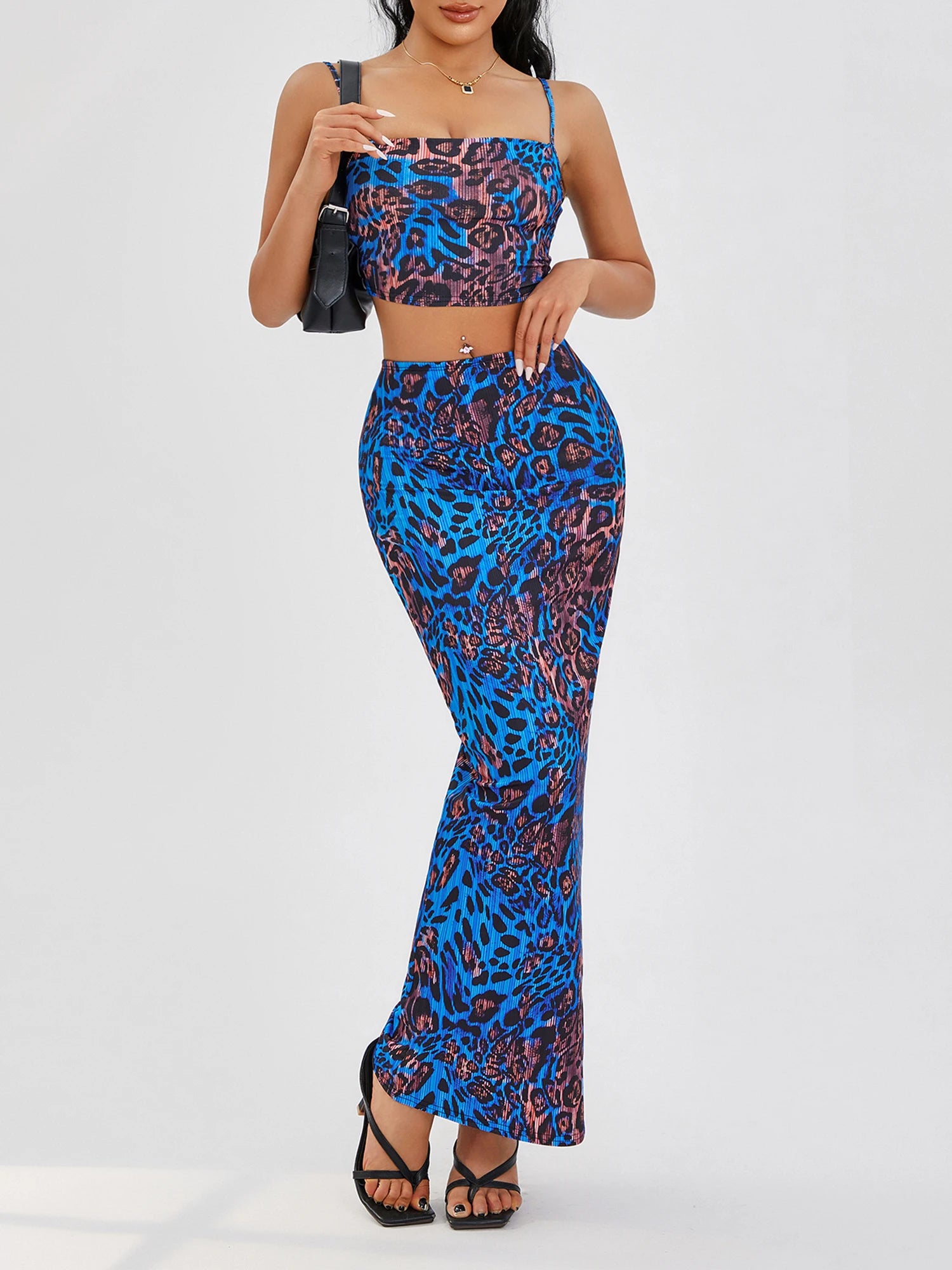 Abstract Print Streetwear Sling Cropped Camisole & Wrap Long Skirt Two-Piece Dress Set for Women Milanni Fashion