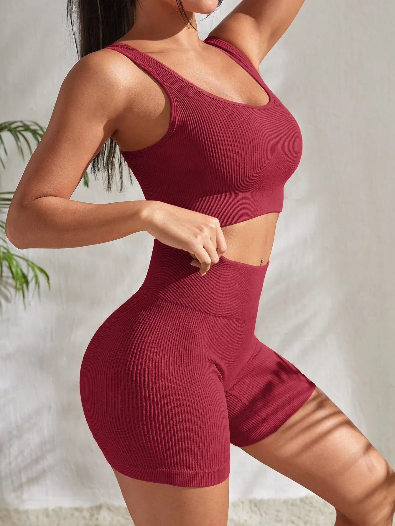 Seamless Ribbed Yoga Set for Women - Ribbed Crop Tank & High Waist Shorts Outfit  Milanni Fashion   