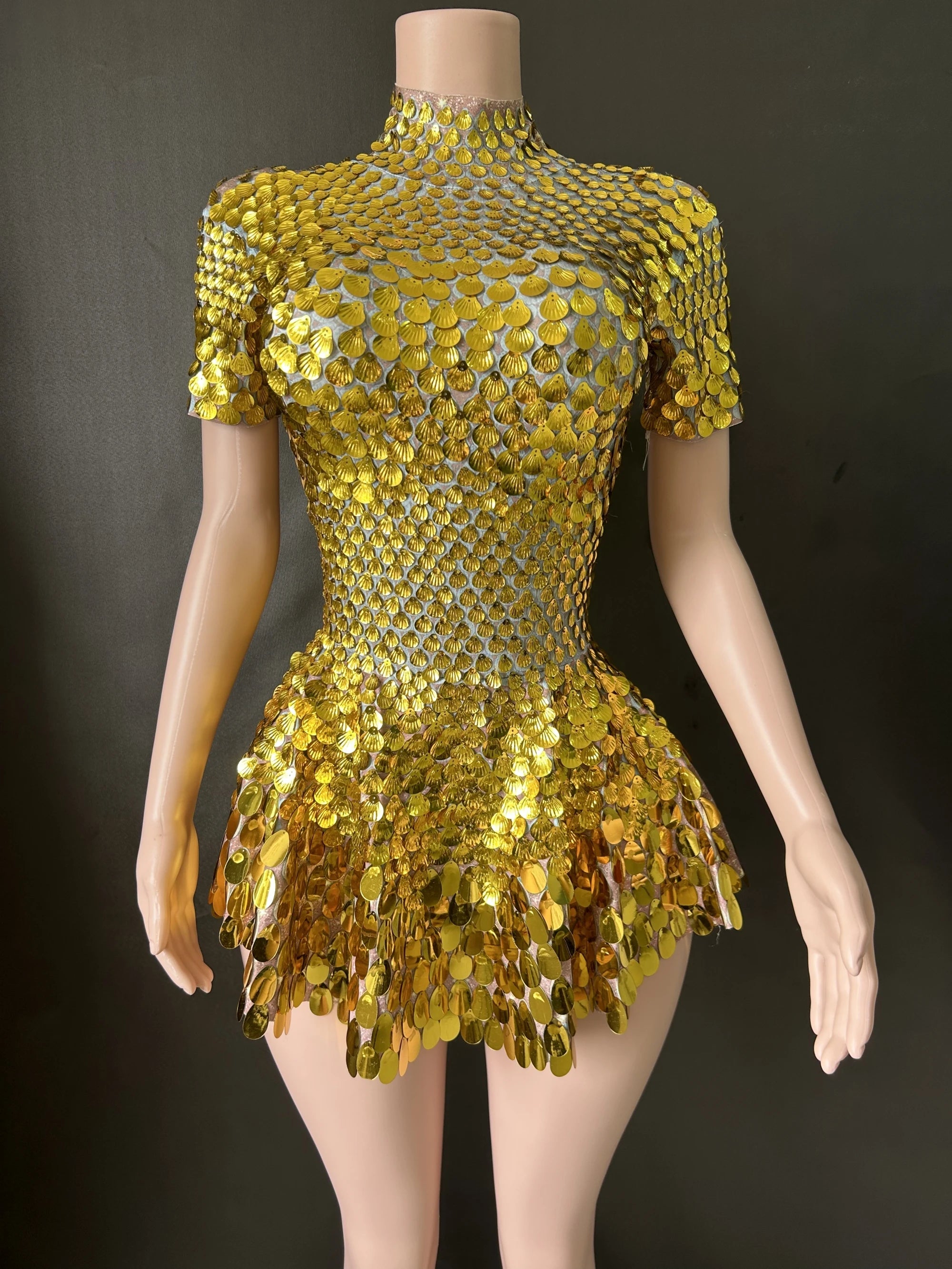 Nightclub Leotard Shiny Sequins Mini Dress Sexy Elegant Party Dress for Women Evening Wear Milanni Fashion Gold M