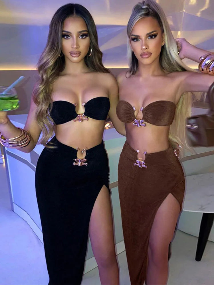 Velvet Sexy Strapless Crop Top and High-Waist Slit Maxi Dress Two-Piece Set for Women's Streetwear Milanni Fashion