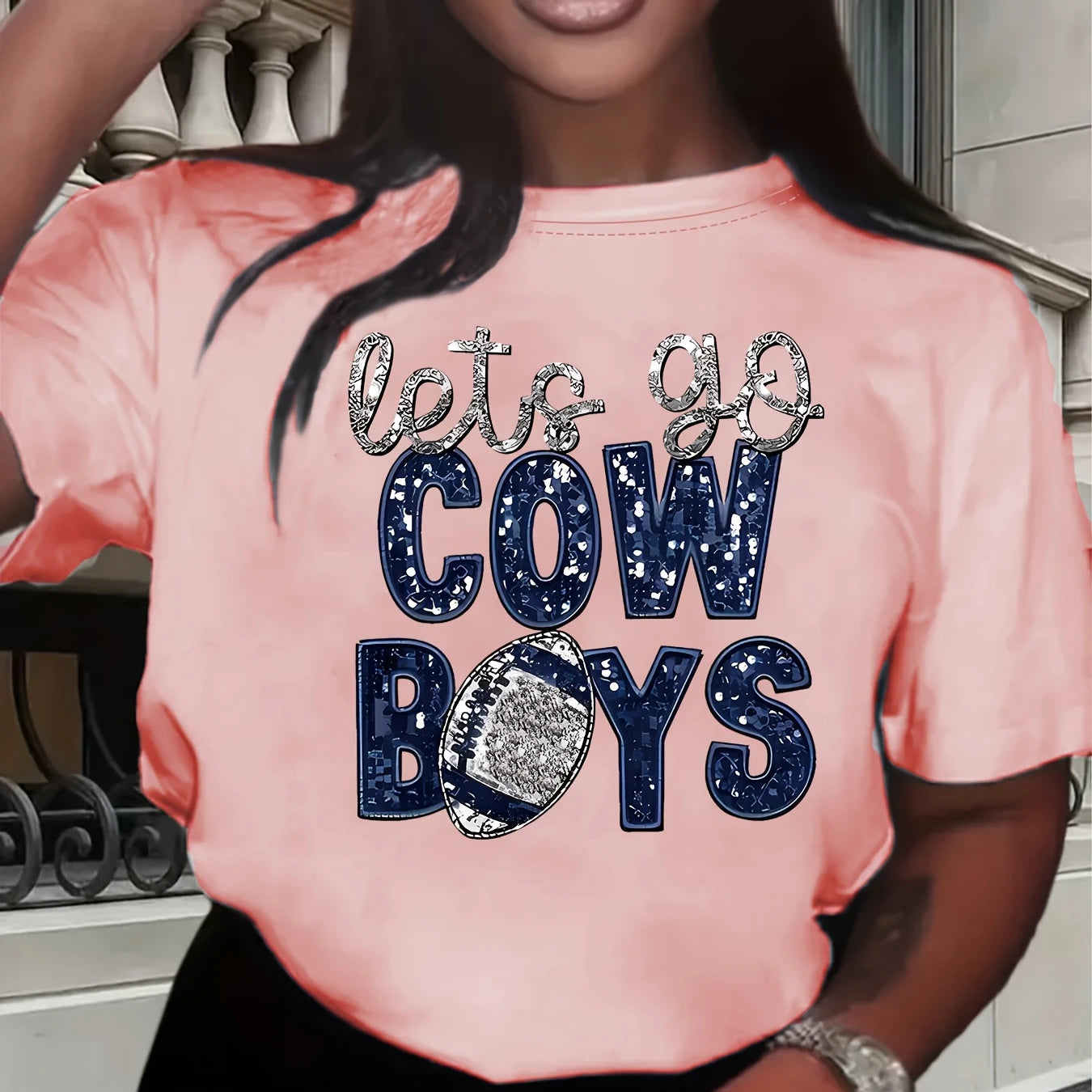 Cowboy & Football Print Crew Neck T-Shirt for Women Casual Short Sleeve Graphic Tee Milanni Fashion