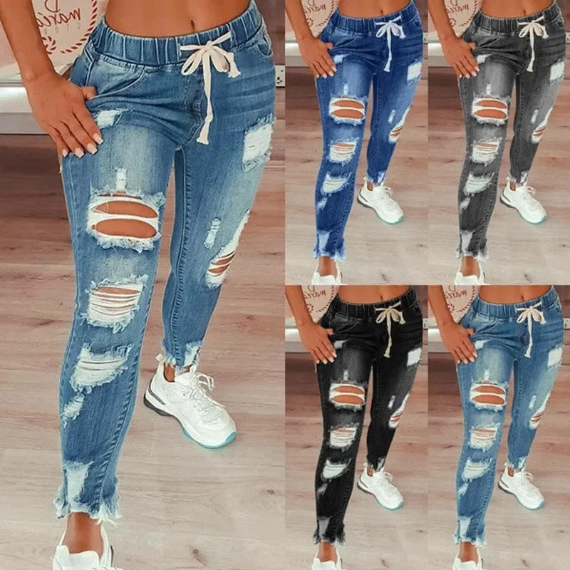 Plus Size Slim Fit Lace-Up Mid Waist Denim Jeans Women's Perforated Elastic Feet Tight Waist Pants Milanni Fashion