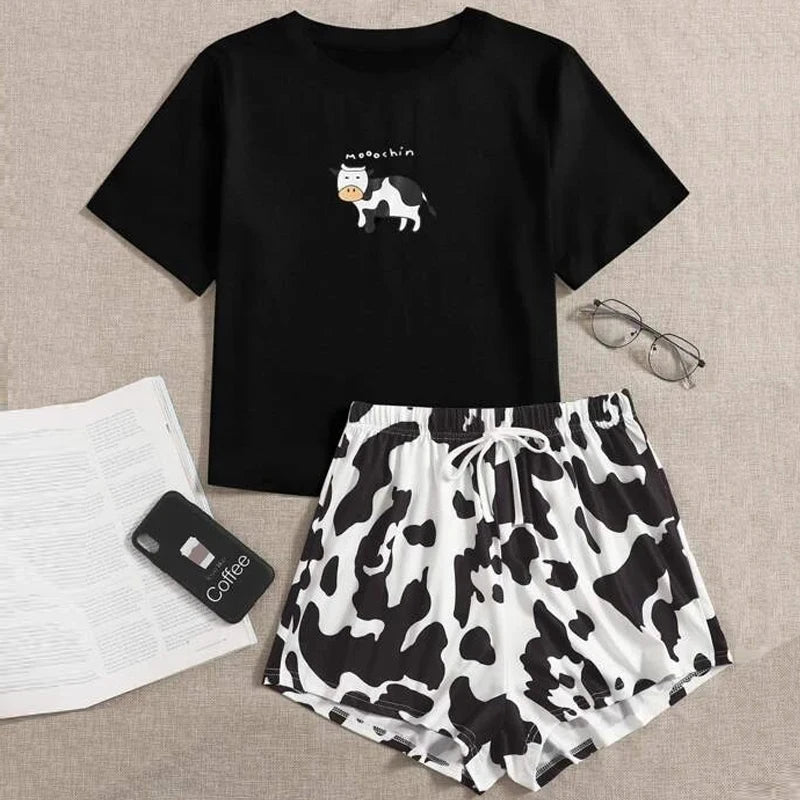 Cartoon Print Faux Cotton O-Neck T-Shirt Top and Shorts Two-Piece Loungewear Comfortable Casual Set Milanni Fashion