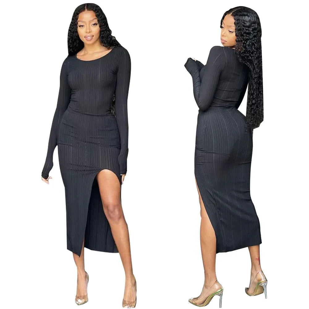 Women's Sexy Side Slit Cross-border Ribbed Round Neck Autumn Dress Midi Dress Milanni Fashion   