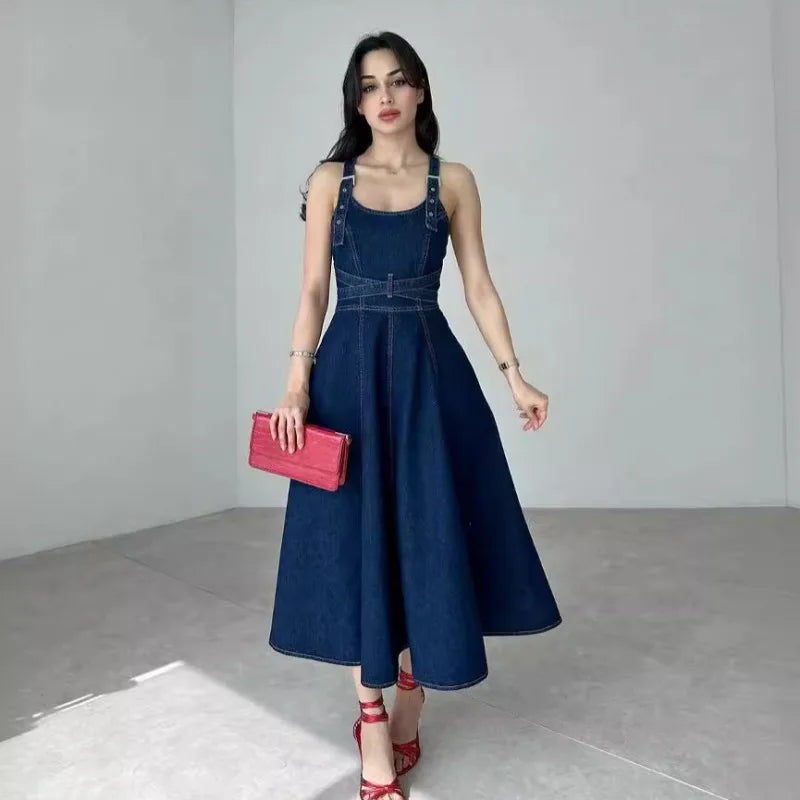 Fashion Camisole Denim Skirt Button Sashes Long Women Frock Simple Temperament Party Dress Maxi Dress Milanni Fashion   