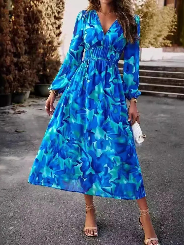 Women's 2024 Sexy V-neck Long-sleeved Dress Fashionable Floral Bohemian Resort Style Elegant Dress  Milanni Fashion   