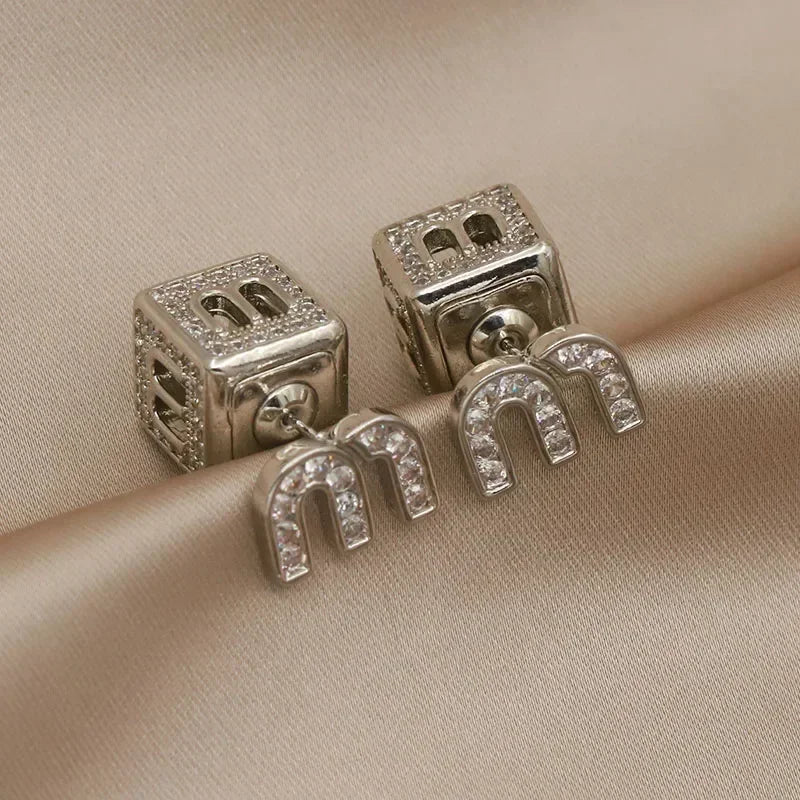 Crystal Double Side Letter M Stud Earrings Fashion Jewelry Luxury Zircon Square Earrings  Milanni Fashion Silver  