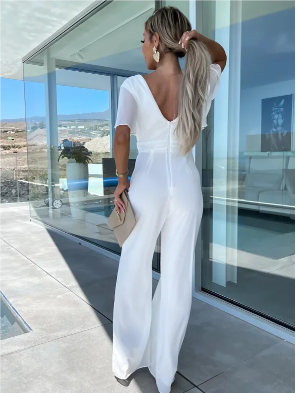 Loose Short Sleeve Casual Jumpsuit Elegant V-Neck Fashion Clubwear Wide Leg Slim Pants with Lace-Up Waist Milanni Fashion