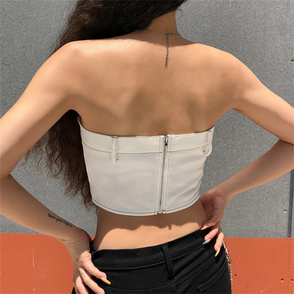 Sexy Camisole New Design Crop Tube Top Women Jeans Button Zipper Backless Denim Bustier Streetwear  Milanni Fashion   