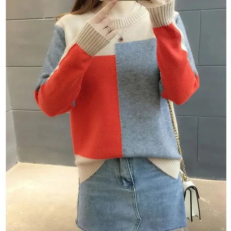 Knitted Ribbed O-Neck Color Contrast Sweater Loose Long Sleeve Wool Pullover Stylish Warm Top for Women Milanni Fashion