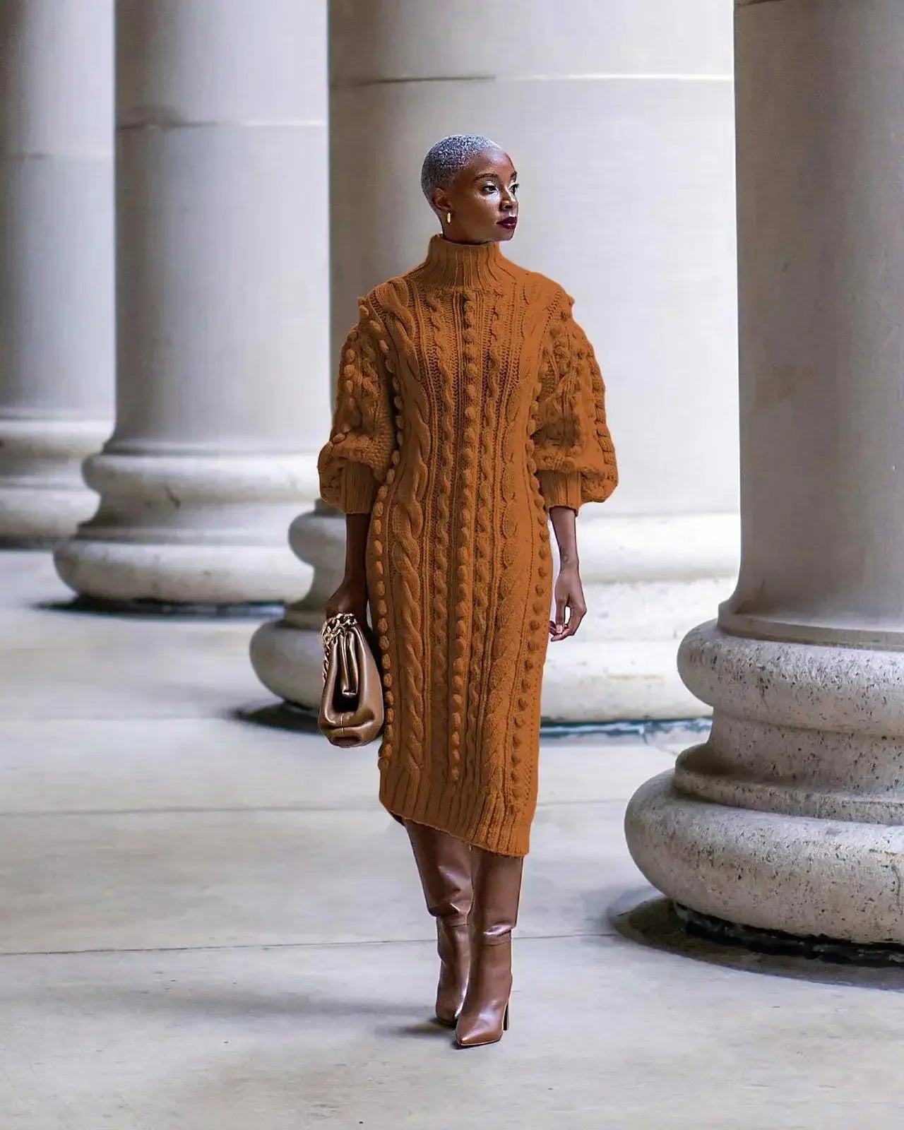 Autumn Long Sleeve Turtleneck Knitted Dress Sexy High Split Sweater Dress  Milanni Fashion Brown  LYQ275 XXXL 