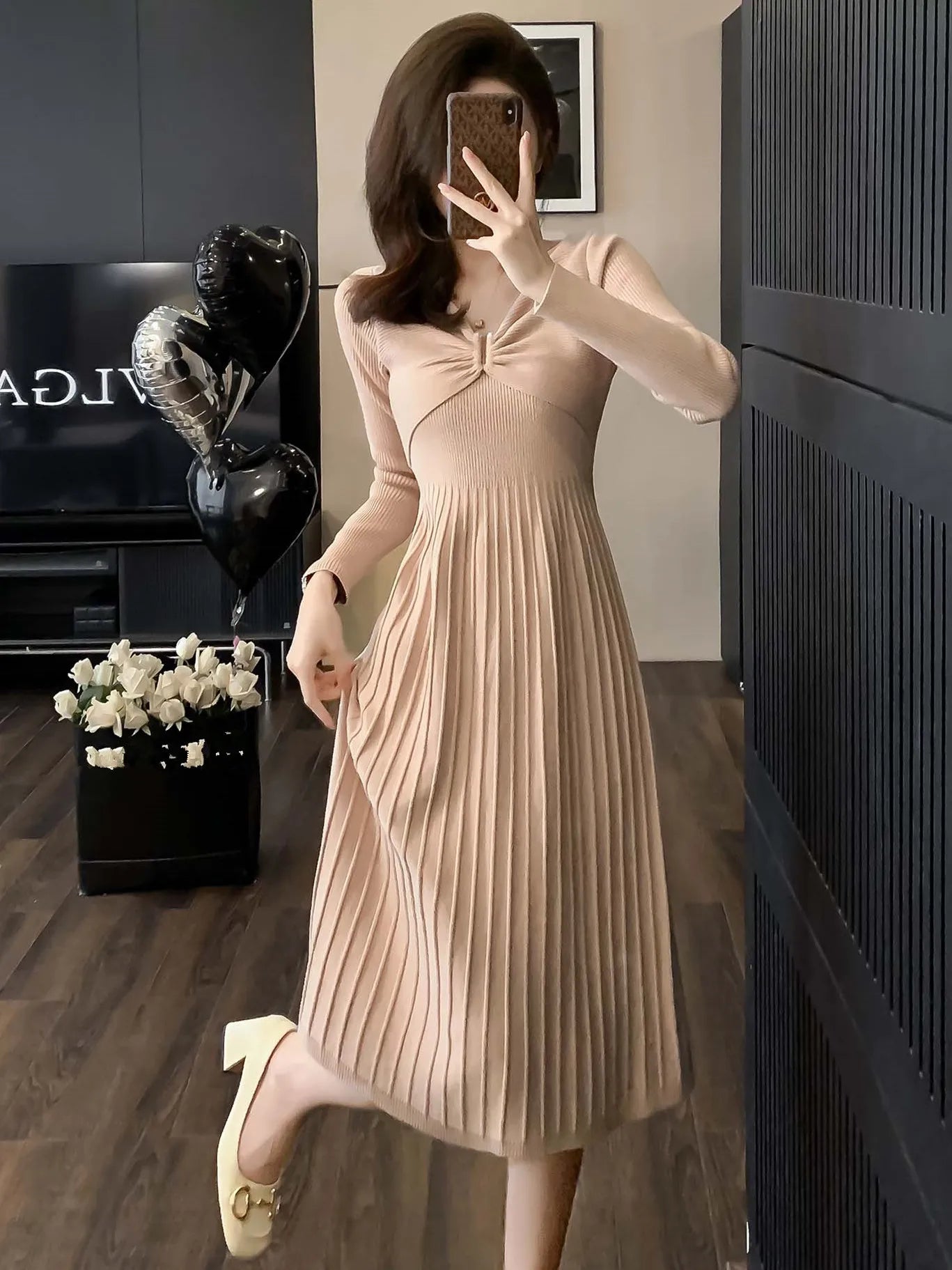 Fall Winter Casual Ribbing Knitted Sweater Dress Cross V Neck Slim Stretch A Line Knee-length Elegant Women Office Dress  Milanni Fashion   