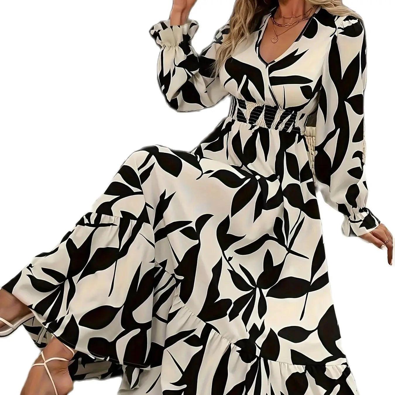 Plus Size Autumn Elegant Printed Waist Swing Dress Trumpet Sleeve Waist and Ankle Long Dress Maxi Dress Milanni Fashion   