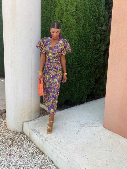 Monika | Women's Summer Printed Midi Dress with Puff Sleeves