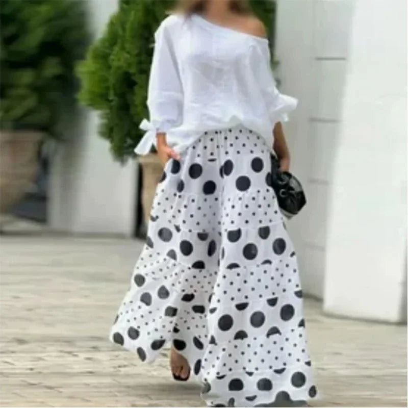 Solid Color Nine-quarter Sleeve Slant Collar T-Shirt Women Two Piece Set Dot Prints Multi-layer Splice Cake Skirt Suit Milanni Fashion