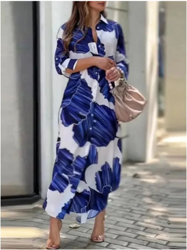 Printed Button Long Sleeve Dress for Women Loose Lapel Shirt Style Dress Stylish Casual Outfit Milanni Fashion Blue L