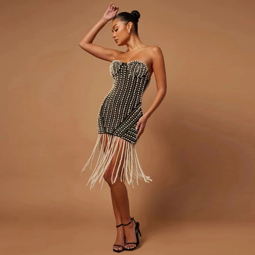 Luxury Pearl Tassel Sexy Sleeveless Bandage Dress Elegant Party Mini Dress for Women Chic Evening Wear Milanni Fashion