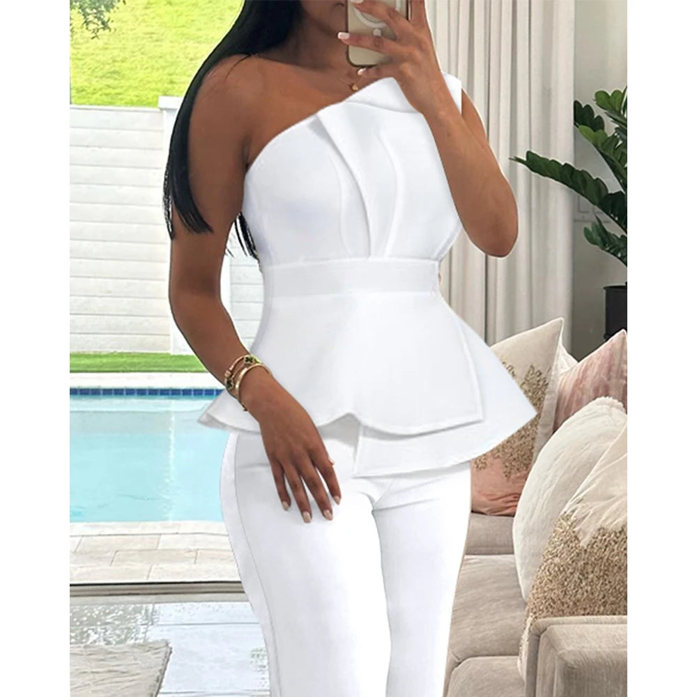 One Shoulder Ruched Top & Straight Leg Pants Set Elegant Solid Color Two Piece Set Two piece set Milanni Fashion   