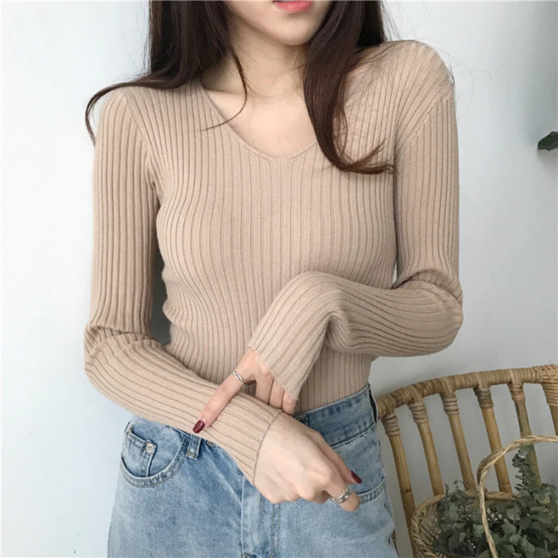 V-Neck Knitted Sweater Slim Fit Winter Pullover Top for Women Stylish and Cozy Casual Wear Milanni Fashion