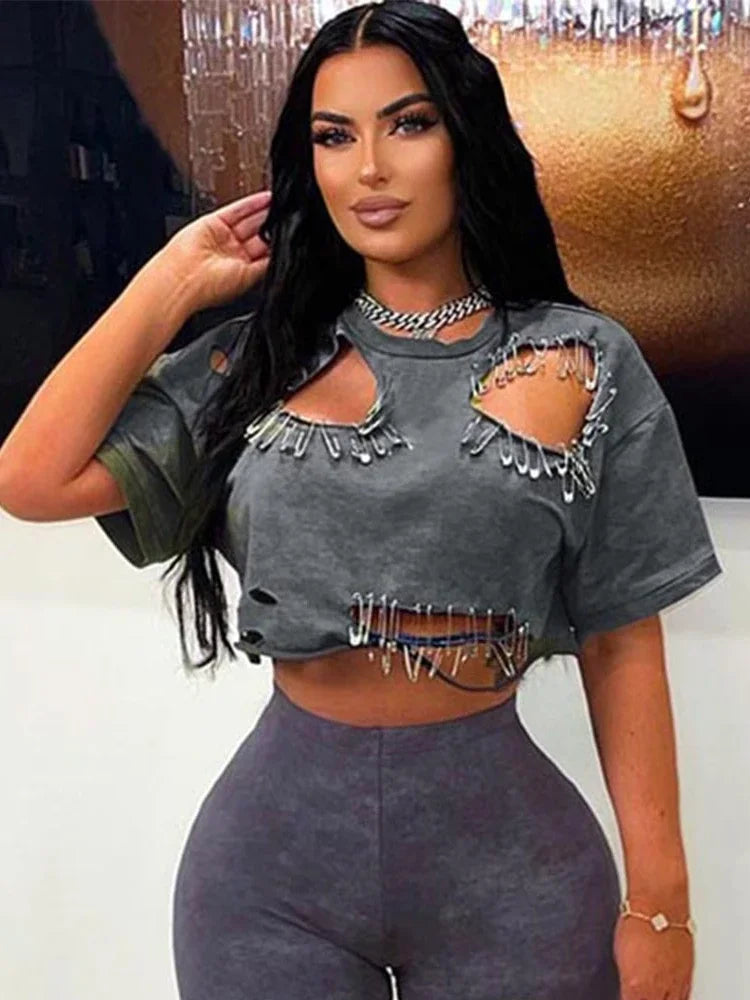 Fashion Short Sleeve Crop T-shirt Hollow Out Streetwear Elastic Pin Irregular Tee Top  Milanni Fashion   